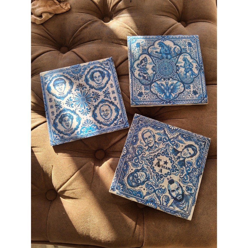 Handmade Faux Delftware Tiles A-Team Godzilla Three Stooges Set of 3 Blue White